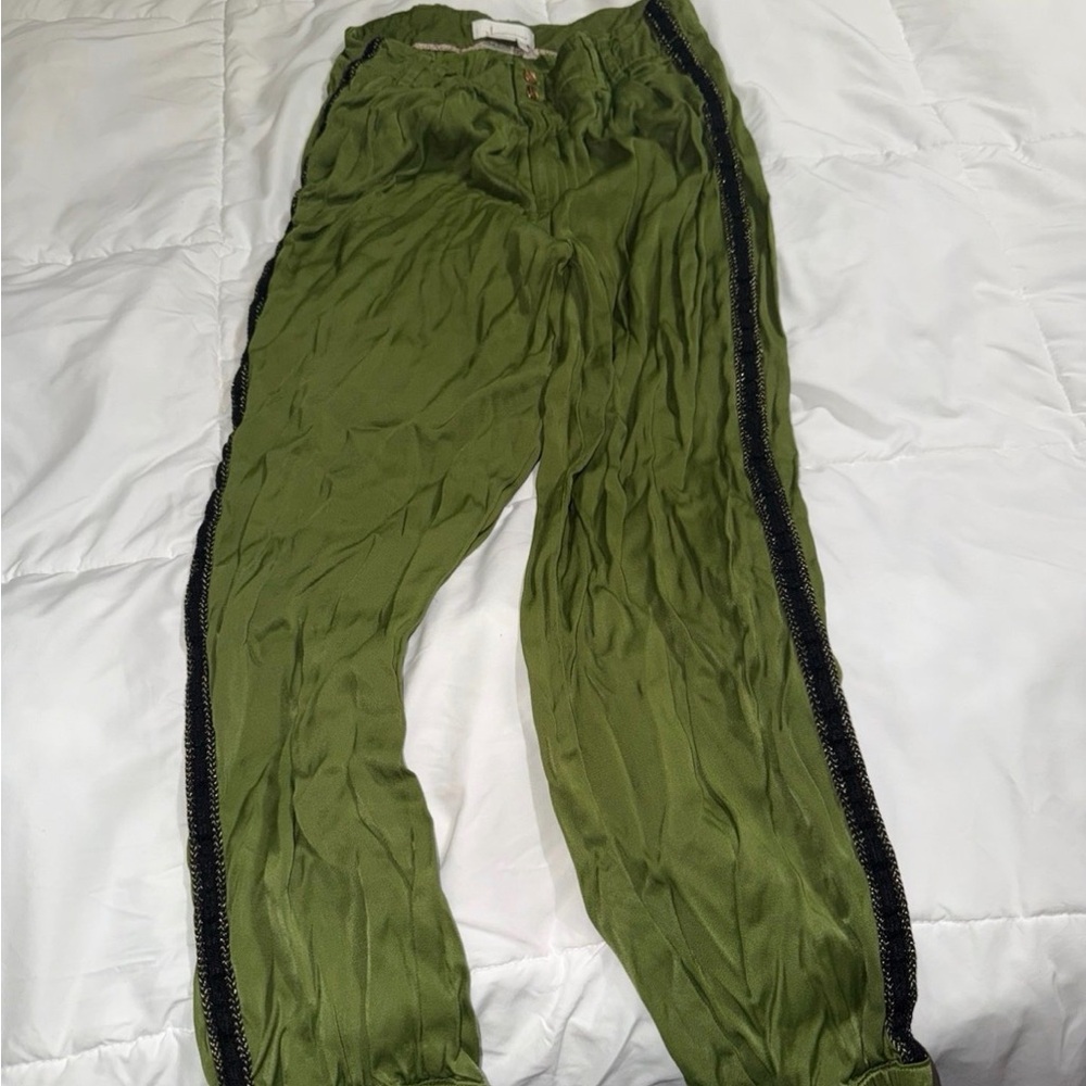 Anthropologie Olive Green Satin Pants with Black Detail
